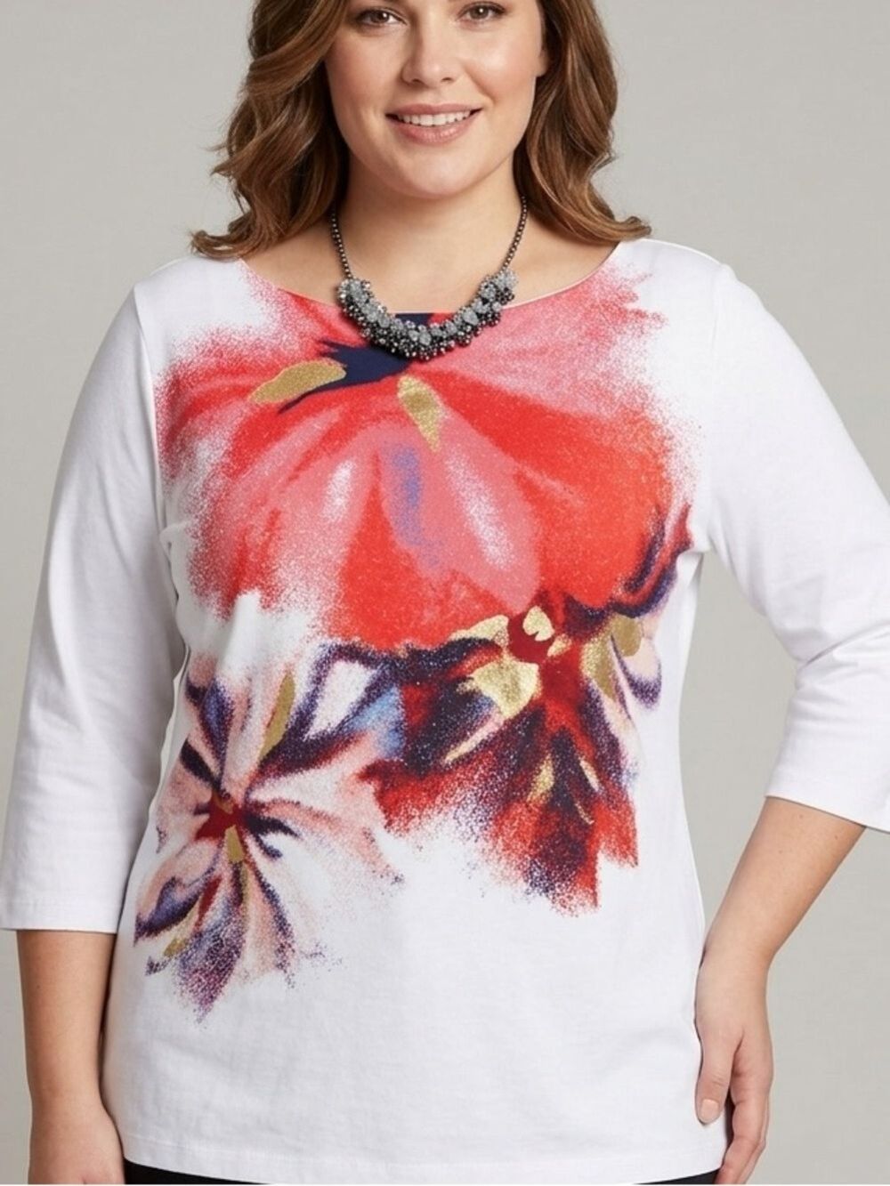 NWT JONES NEW YORK White Long Sleeve Floral T-Shirt XL